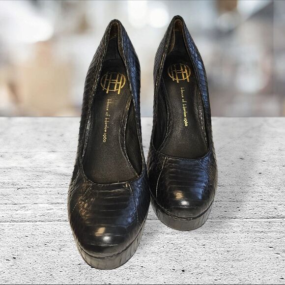 HOUSE of HARLOW 1960 NORA SNAKESKIN PLATFORM STILETTO HEELS  8.5 M- 39EU BLACK - Picture 1 of 16
